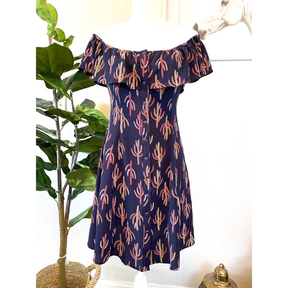 Gypsies & Moondust Dresses & Skirts - Blue Off-The-Shoulder Dress w/ cactus print